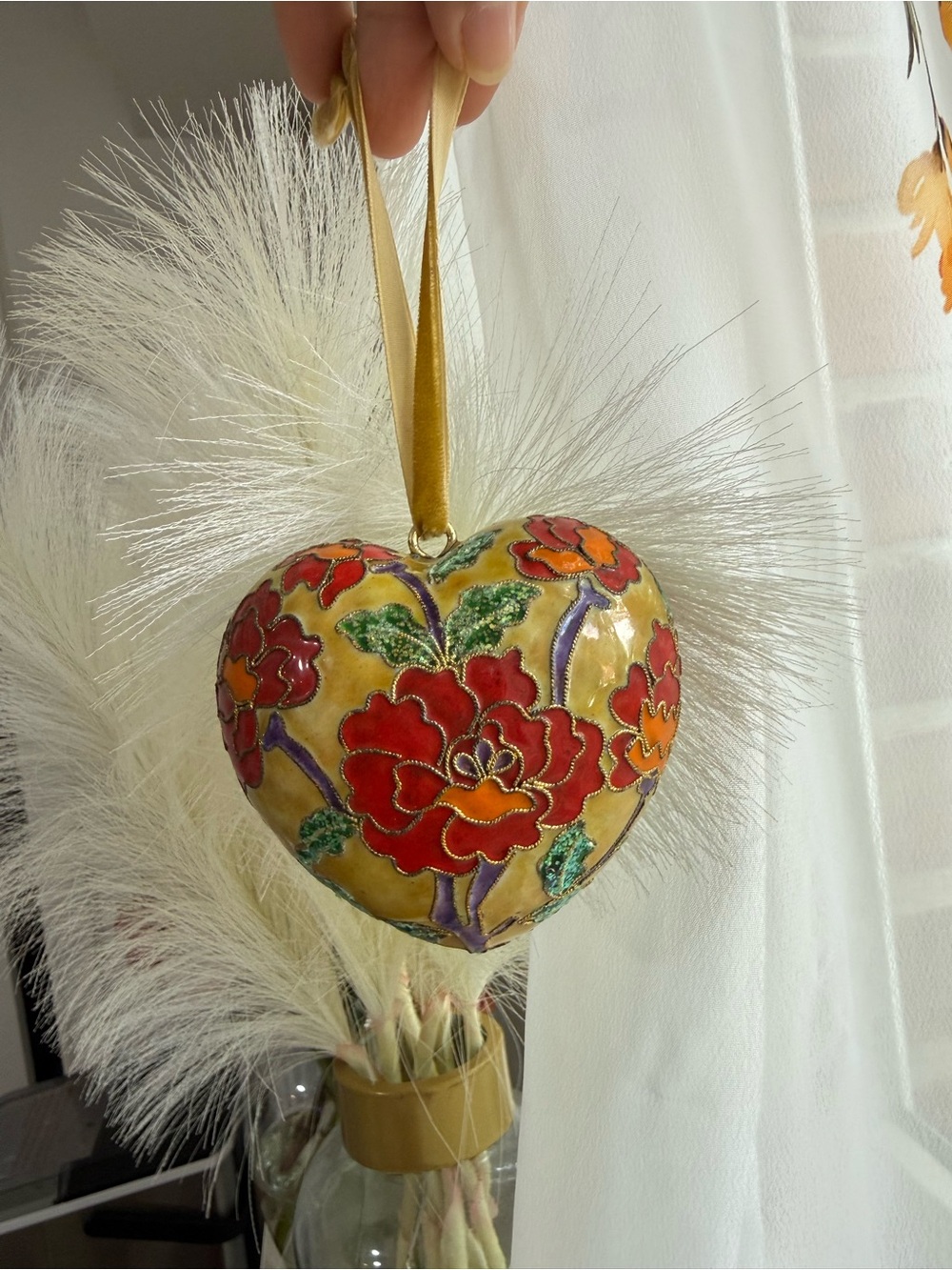 Heart-Shaped Floral Holiday Ornament - Gold and Red